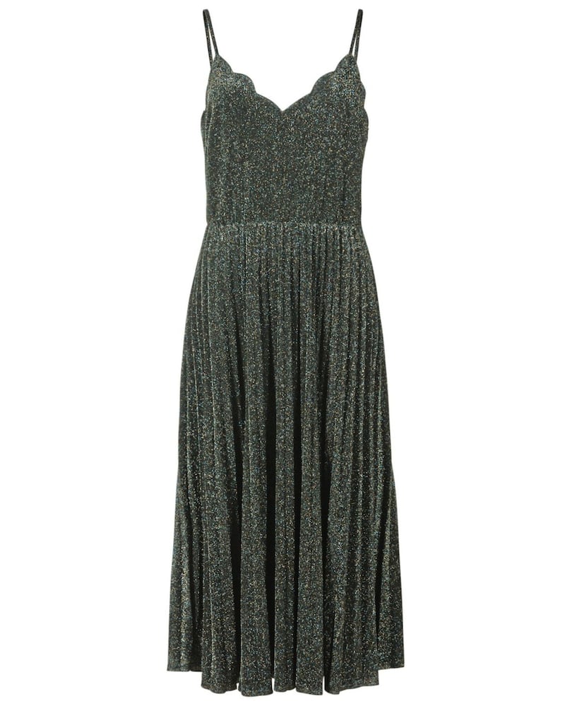 Oliver Bonas Shimmer Pleated Green Scallop Neck Midi Dress, &pound;69.50, available from Oliver Bonas