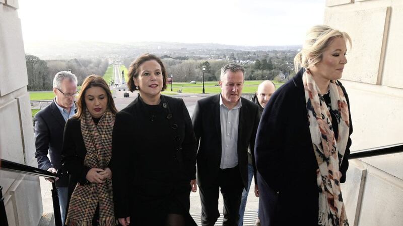 Sinn F&eacute;in&#39;s Mary Lou McDonald, Michelle O&#39;Neill, Elisha McCallion, Conor Murphy and Gerry Kelly arrive at Stormont. Picture by Colm Lenaghan/ Pacemaker 