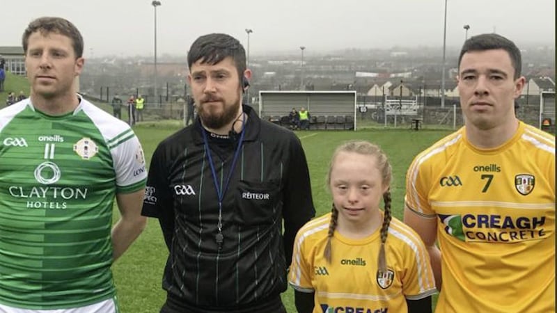 Zara was back in her home county at the weekend as a mascot for Antrim in their National Football League clash with London 