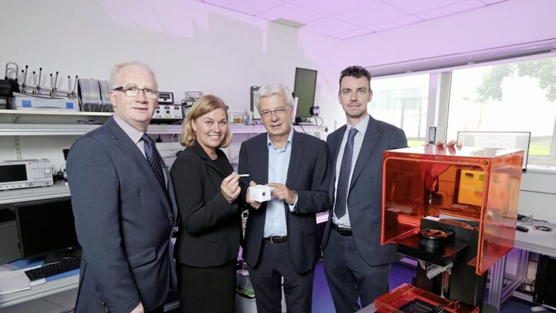 Celebrating the opening of the new Advanced Biomedical Engineering Laboratory in Ulster University are (from left) Professor Brian Meenan, Ulster University; Tracy Meharg, Invest NI; Professor Jim McLaughlin, Ulster University; and Stuart McGregor, Randox Laboratories 