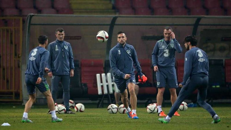 Shane Duffy (centre) during a training session before the Republic of Ireland&#39;s 1-0 win against Bosnia-Herzegovina in November 