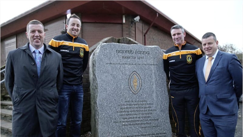 Niall Murphy (extreme right) with Naomh Enna club-mates (l-r) Ciaran McCavana, Philly Curran and Thomas McNulty before the footballers&#39; 2018 Ulster IFC final 