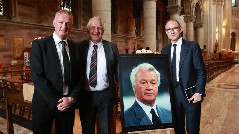 (left to right) Current Northern Ireland manager Michael O’Neill, former Northern Ireland player Gerry Armstrong and former Northern Ireland manager Martin O’Neill attending a service of thanksgiving at St Anne’s Cathedral in Belfast for former Northern Ireland manager Billy Bingham who died aged 90 in June 2022 (Liam McBurney/PA)