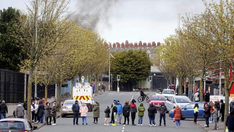 Loyalist protesters block Lanark Way in west Belfast during last week&#39;s disturbances 
