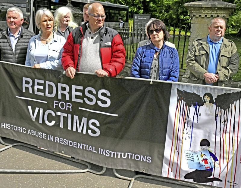 Protest at the entrance to Castlecoole in Enniskillen, County Fermanagh, where a Royal garden party was being held attended by Prince Charles and Karen Bradley. Picture by Alan Lewis/Photopress