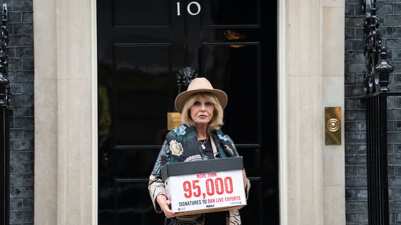 Dame Joanna Lumley hands in a petition to 10 Downing Street calling for a ban on the export of live animals (Stefan Rousseau/PA)