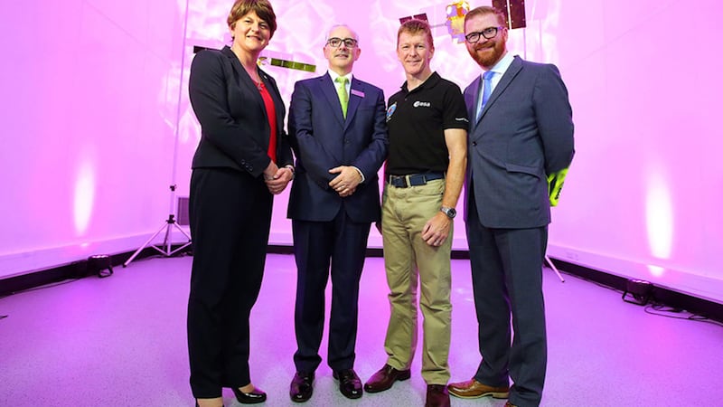 Pictured left to right:  First Minister Arlene Foster, Philip McBride, General Manager, Thales Belfast, Principia Mission Astronaut Tim Peake and Economy Minister Simon Hamilton&nbsp;