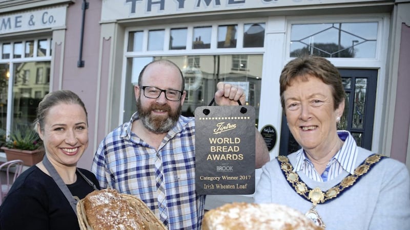 The mayor of Causeway Coast and Glens Borough Council, councillor Joan Baird, pictured with Tom and Eimear Mullin and their winning Ballycastle wheaten 