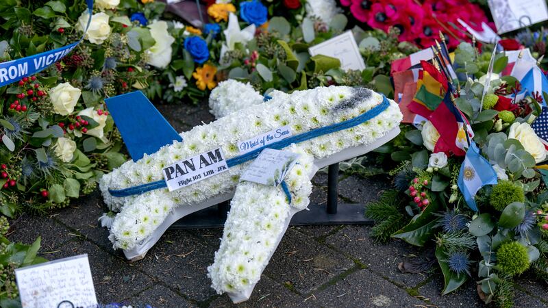 Wreaths and floral tributes laid during a ceremony to mark the 35th anniversary of the Lockerbie bombing
