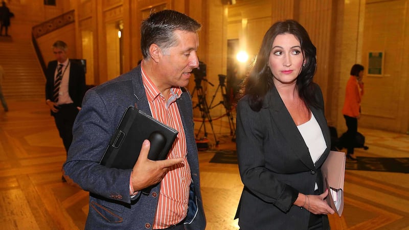 Finance committee chair Emma Little-Pengelly and committee member Paul Givan DUP after a special meeting of Stormont's finance committee. Picture by Mal McCann&nbsp;