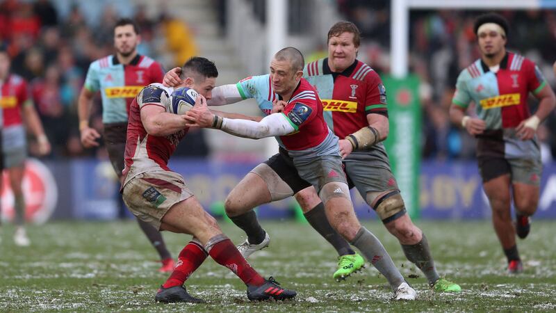 <span style="font-family: Verdana, Arial, Helvetica, sans-serif; font-size: 13.3333px;">Ulster Rugby's 'man of the match' John Cooney is tackled by Harlequins Mike Brown during the European Rugby Champions Cup, Pool One victory for the visitors at Twickenham Stoop, London</span>