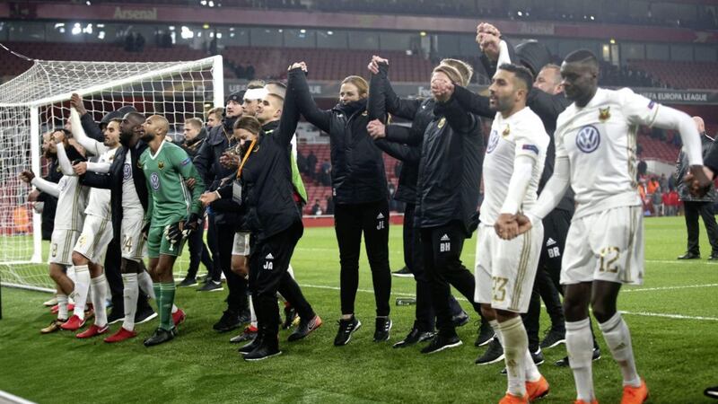 Ostersunds FK celebrate with fans after beating Arsenal at the Emirates Stadium Picture by Adam Davy/PA Wire 