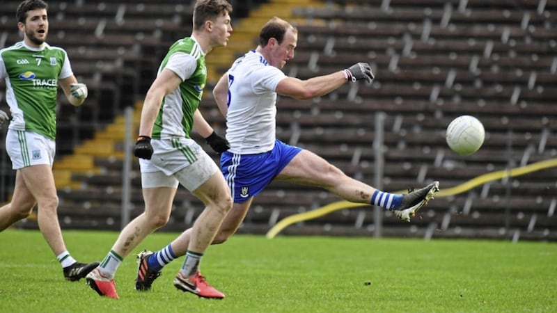 &#39;Man of the Match&#39; Shane Woods of Monaghan scores a point on his debut against Fermanagh during the Bank of Ireland Dr McKenna Cup game in Clones. 