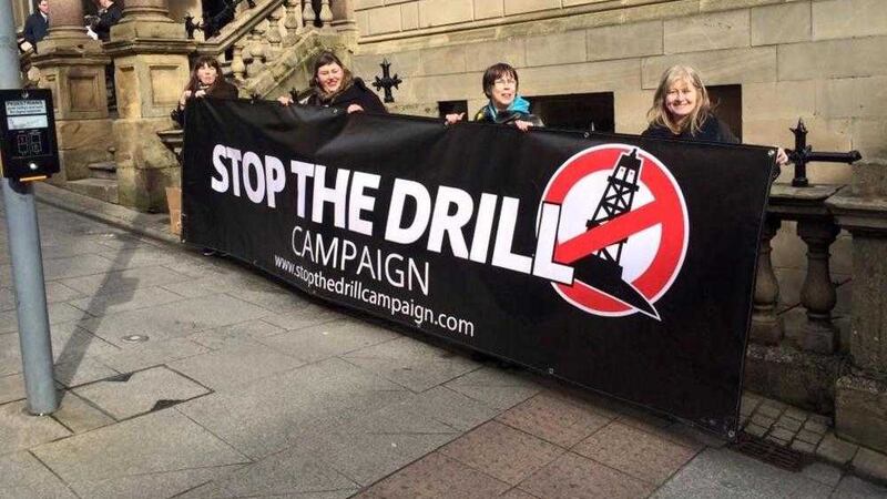 Protesters from the Stop the Drill campaign group took their message to the SDLP conference in Derry on Saturday. Picture from Facebook 
