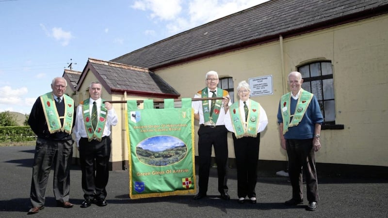 Members of the Antrim County Board pictured with a new bannerette at Drumraymond AOH hall outside Toome yesterday. Picture By Hugh Russell. 
