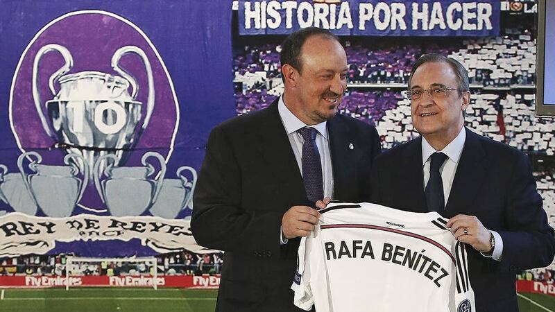 New Real Madrid coach Rafael Benitez with club president Florentino Perez during his official presentation at the Santiago Bernabeu on Wednesday Picture: PA 