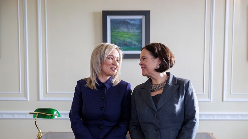 Sinn Féin vice president Michelle O'Neill with party president Mary Lou McDonald in the office of the first minister at Stormont