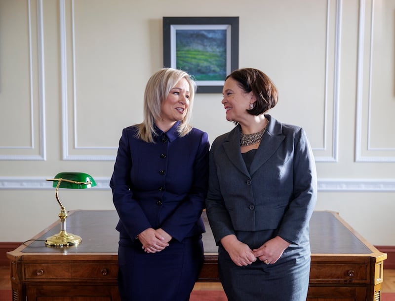 Sinn Féin vice president Michelle O'Neill with party president Mary Lou McDonald in the office of the first minister at Stormont