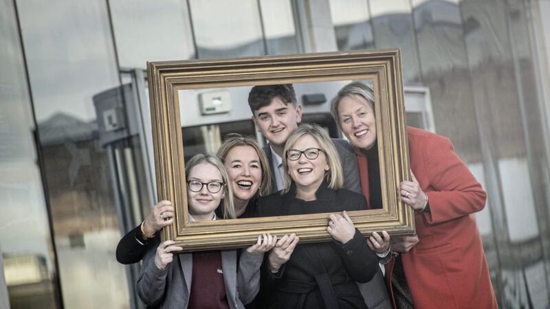 Eliza McGourty, Hazelwood IC, Prof Raffi Folli, Provost of UU Belfast campus, Charlie Dodds, Hazelwood IC, Lisa Toland Senior Manager, Economy Belfast City Council and Kathryn Thompson, CEO NMNI at the launch of Art Unwrapped 