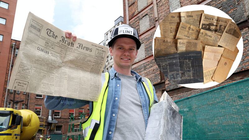 Peter Ringland with the time capsule that was uncovered during a demolition project at The Flint Hotel in Belfast City Centre. Picture by Mal McCann.