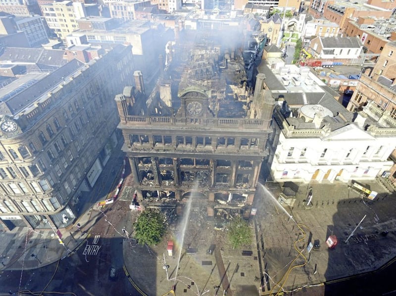 Drone images of the damage caused to Bank Buildings&nbsp;in Belfast city centre. Pictures by Gregory Weeks