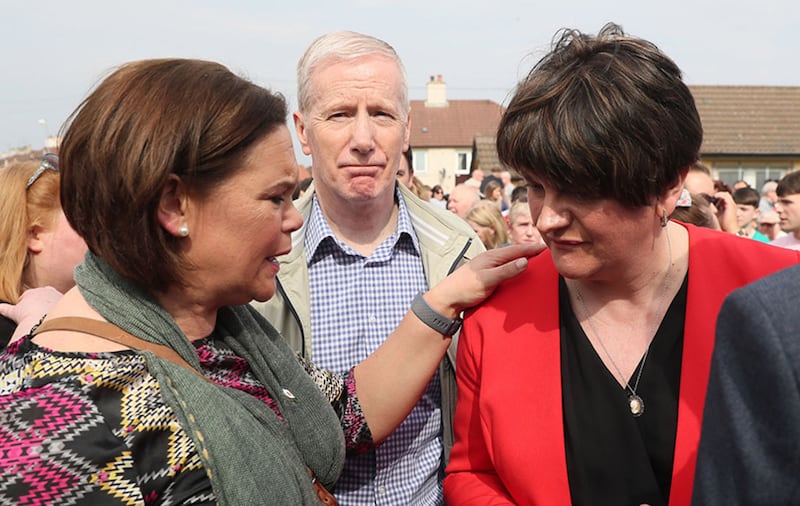 Sinn F&eacute;in President Mary Lou McDonald (left) and DUP leader Arlene Foster with DUP MP Gregory Campbell. Picture by Brian Lawless, PA Wire&nbsp;