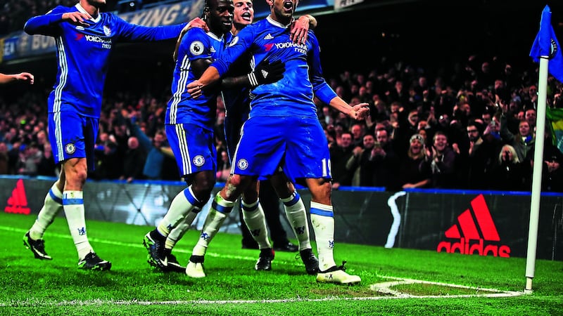 <strong>DIEGOAL COSTA: </strong>Diego Costa (right) celebrates with Chelsea team-mates after scoring the opening goal in yesterday&rsquo;s 2-0 Premier League win over Hull at Stamford Bridge. Picture by PA