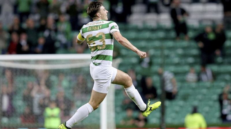 Celtic&#39;s Kieran Tierney celebrates scoring his sides fourth goal during the Betfred Cup second round match at Celtic Park 