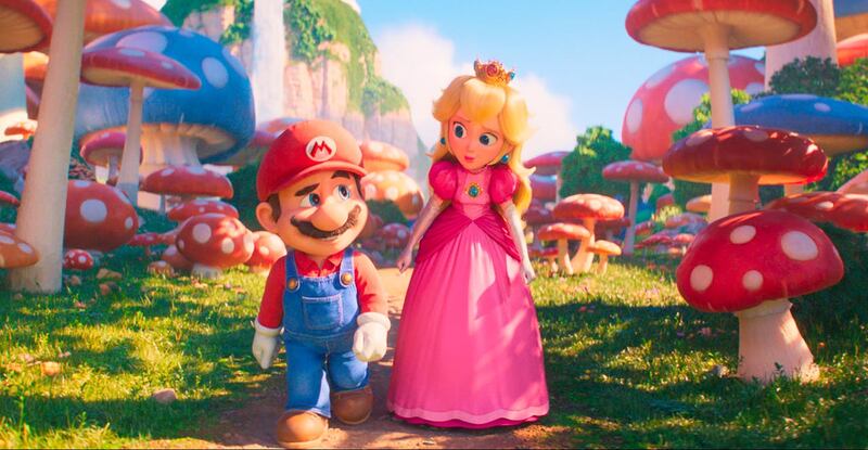 Mario, voiced by Chris Pratt, left, and Princess Peach, voiced by Anya Taylor-Joy, in Nintendo’s The Super Mario Bros Movie