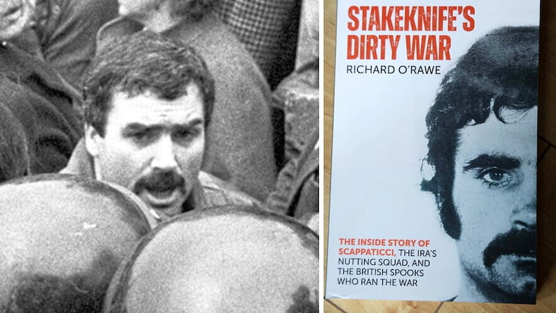 Freddie Scappaticci pictured at the 1987 at the funeral of IRA man Larry Marley and the cover of Stakeknife's Dirty War by Richard O'Rawe