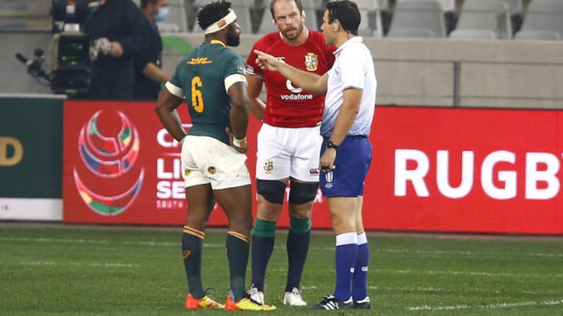 Referee Ben O&rsquo;Keefe makes his point to South African captain Siya Kolisi and Lions skipper Alun Wyn Jones during last Saturday&rsquo;s fractious second Test. Picture by Press Association &nbsp;