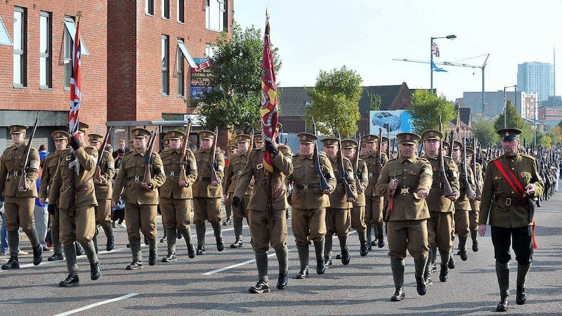 Marchers in period uniforms in Belfast in 2013 during a major parade to mark the 100th anniversary of the formation of the UVF. Picture by Justin Kernoghan 