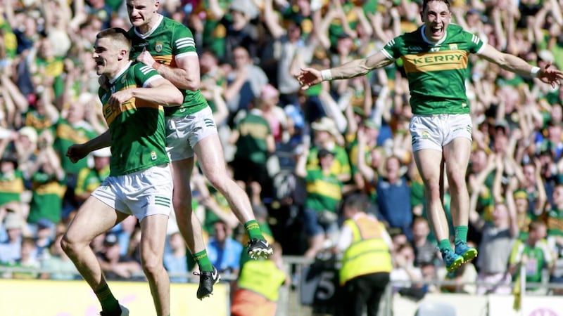 Kerry players celebrate after Sean O'Shea scores his match-winning point from a free struck off the ground in their All-Ireland SFC semi-final against Dublin in Croke Park Picture: Philip Walsh 