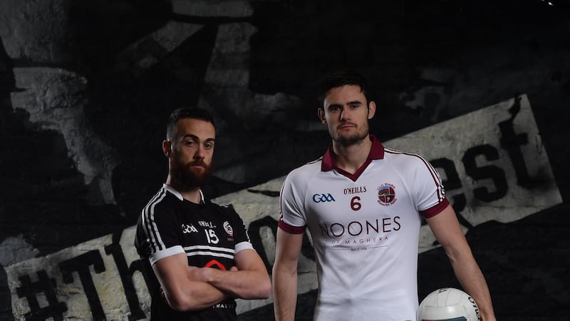 Kilcoo&rsquo;s Conor Laverty (left) and Slaughtneil captain Chris McKaigue. Picture by Ramsey Cardy/Sportsfile  &nbsp;