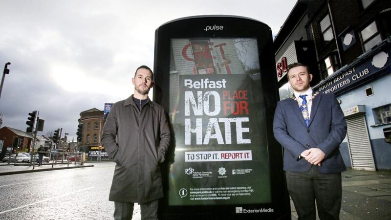 An event will take place at Belfast Belfast City Hall&nbsp;later this month to look at the rising issue of online hate crime. Pictured are Deputy Lord Mayor Peter McReynolds, and chair of Belfast PCSP, councillor Michael Donnelly