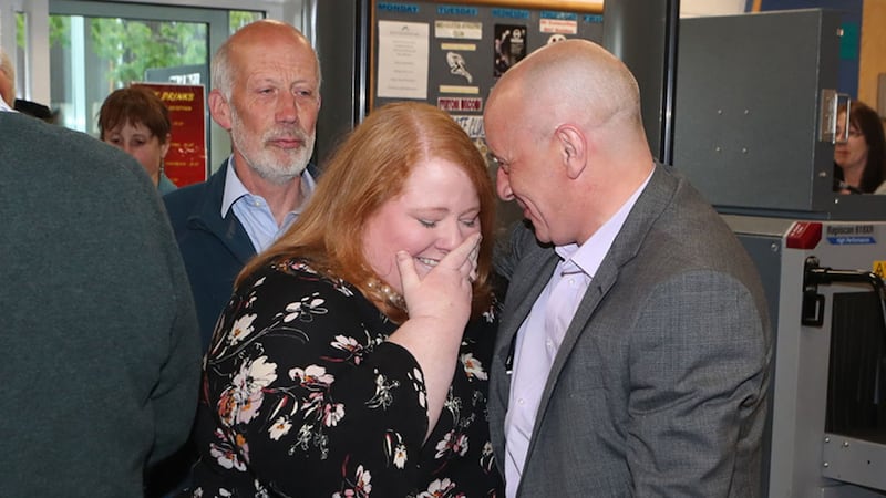 Alliance Party leader and candidate Naomi Long being greeted by Alliance MLA John Blair and other colleagues from the Alliance Party at the European Parliamentary elections count at the Meadowbank Sports Arena in Magherafelt. Picture by Liam McBurney/PA Wire&nbsp;