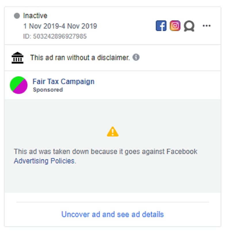 The advert was taken down for contravening Facebook's policies 