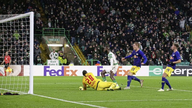Celtic&#39;s Odsonne Edouard (centre) scores his side&#39;s second goal of the game in the win over RB Leipzig 