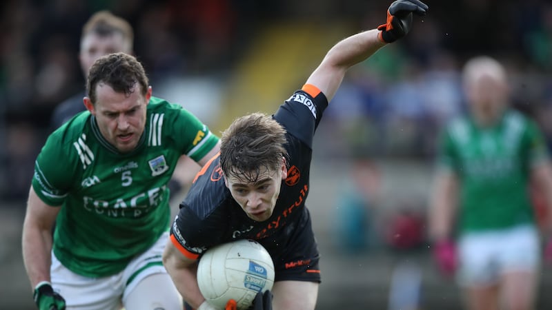Allianz Football League Division 2, Brewster Park, Enniskillen, Co. Fermanagh 3/3/2024
Fermanagh vs Armagh
Armagh's Andy Murnin comes under presure from Fermanagh's Declan McCusker during last month's Division Two clash in Enniskillen. Picture by INPHO