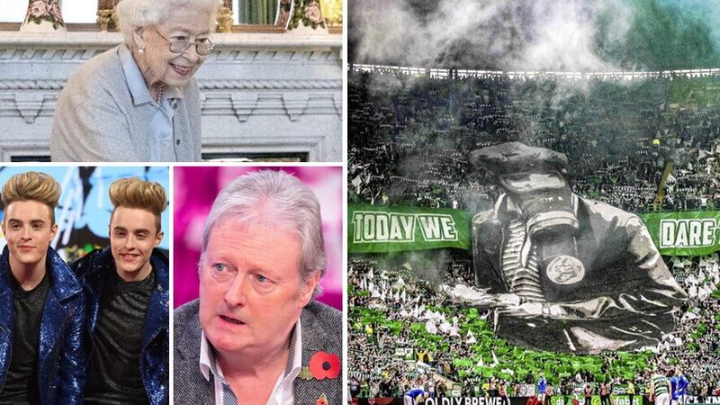 Clockwise from top left: Queen Elizabeth, Celtic supporters display a banner depicting a young petrol bomber during 1969's Battle of the Bogside, actor Charlie Lawson and Jedward
