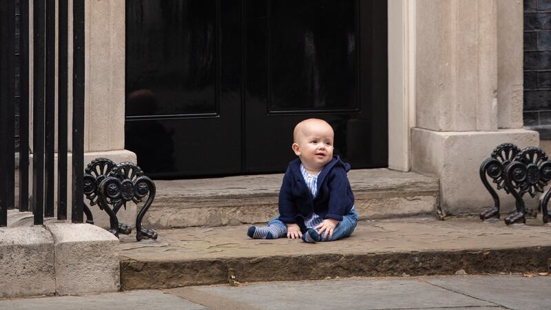 The seven-month-old enjoyed a day at Downing Street with his mum.