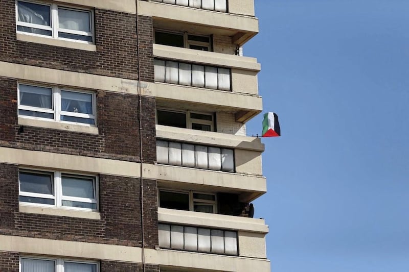 A Palestinian flag on a tower block in New Lodge, north Belfast Picture: Cathal McNaughton/Reuters 