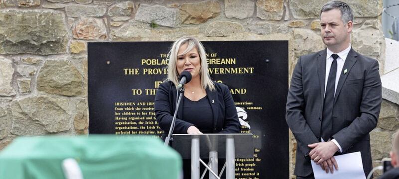 Sinn F&eacute;in vice president Michelle O&#39;Neill speaking in Milltown Cemetery at a ceremony for veteran republican Bobby Storey 