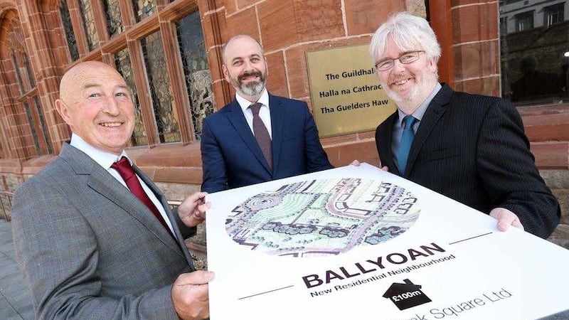 Caption: L-R Seamus Gillan (South Bank Sq), Brian Kelly (Turley), John Quinn (ASI Architect) outside the Guildhall submitting &pound;100m plans for new homes at Ballyoan. 
