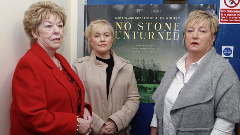 Barney Green&#39;s niece Moira Casement with Adrian Rogan&#39;s daughter Emma Rogan and widow Clare Rogan at the showing of No Stone Unturned in Loughinisland, Co Down. Picture by Matt Bohill 