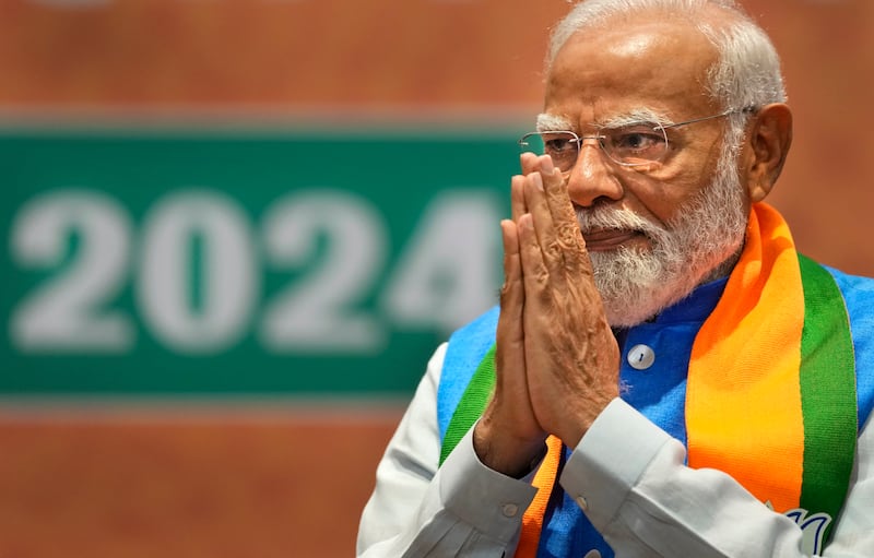 Indian Prime Minister Narendra Modi during the unveiling of his Hindu nationalist Bharatiya Janata party’s election manifesto in New Delhi (Manish Swarup/AP)