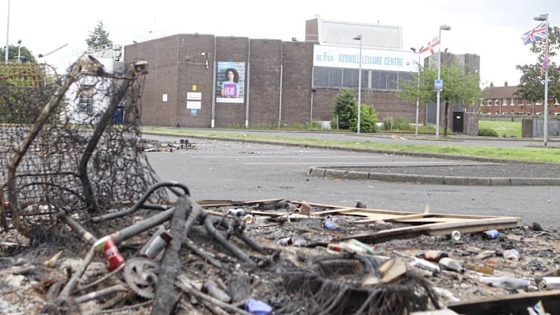 The remnants of a bonfire in the car park of Avoniel Leisure Centre in east Belfast. Picture Matt Bohill 