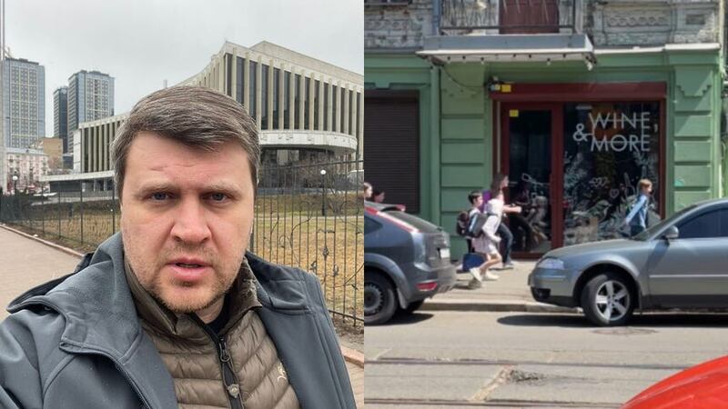 (Left) Ukrainian MP Vadym Ivchenko (Vadym Ivchenko/PA) and (right) children running and screaming in Kyiv as explosions are heard (@rocketinspace)