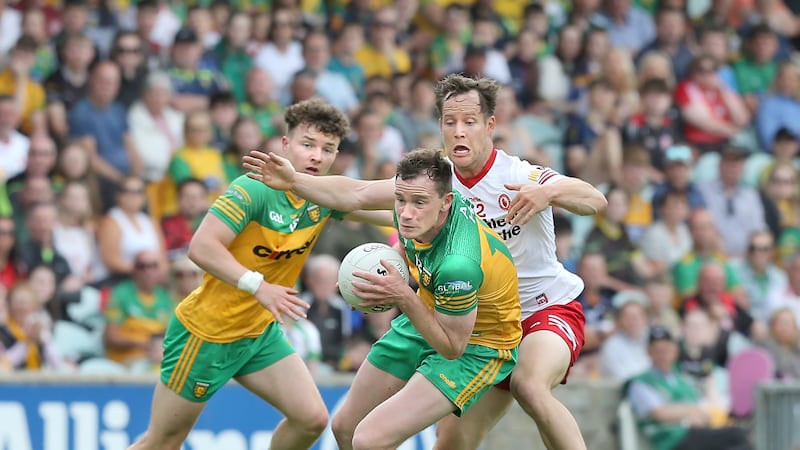 Tyrone’s Kieran McGeary, right, posted a solid performance in the win over Donegal in Ballybofey and the Pomeroy man is now hoping the Red Hands can kick on and show their best form against Kerry in the open expanses of Cork Park in this weekend’s All-Ireland SFC quarter-final  										                                               