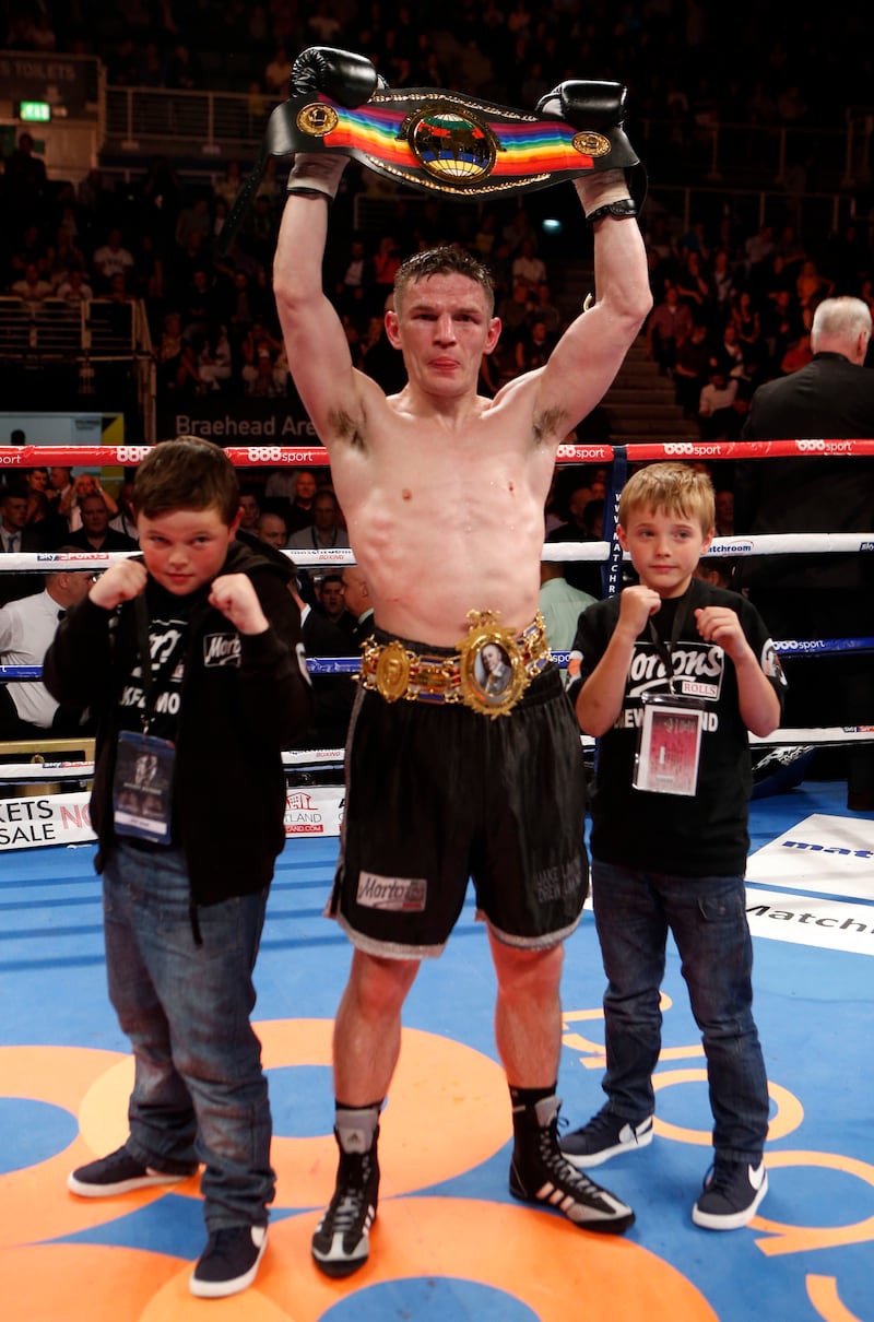 Willie Limond celebrates beating Curtis Woodhouse during the Commonwealth (British Empire) light welterweight title and BBBofC British light welterweight title bout at the Braehead Arena, Glasgow